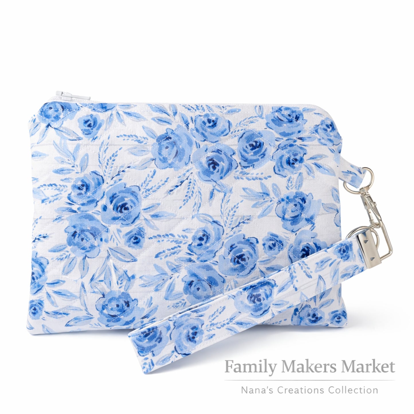 Blue Blossom Quilted Wristlet