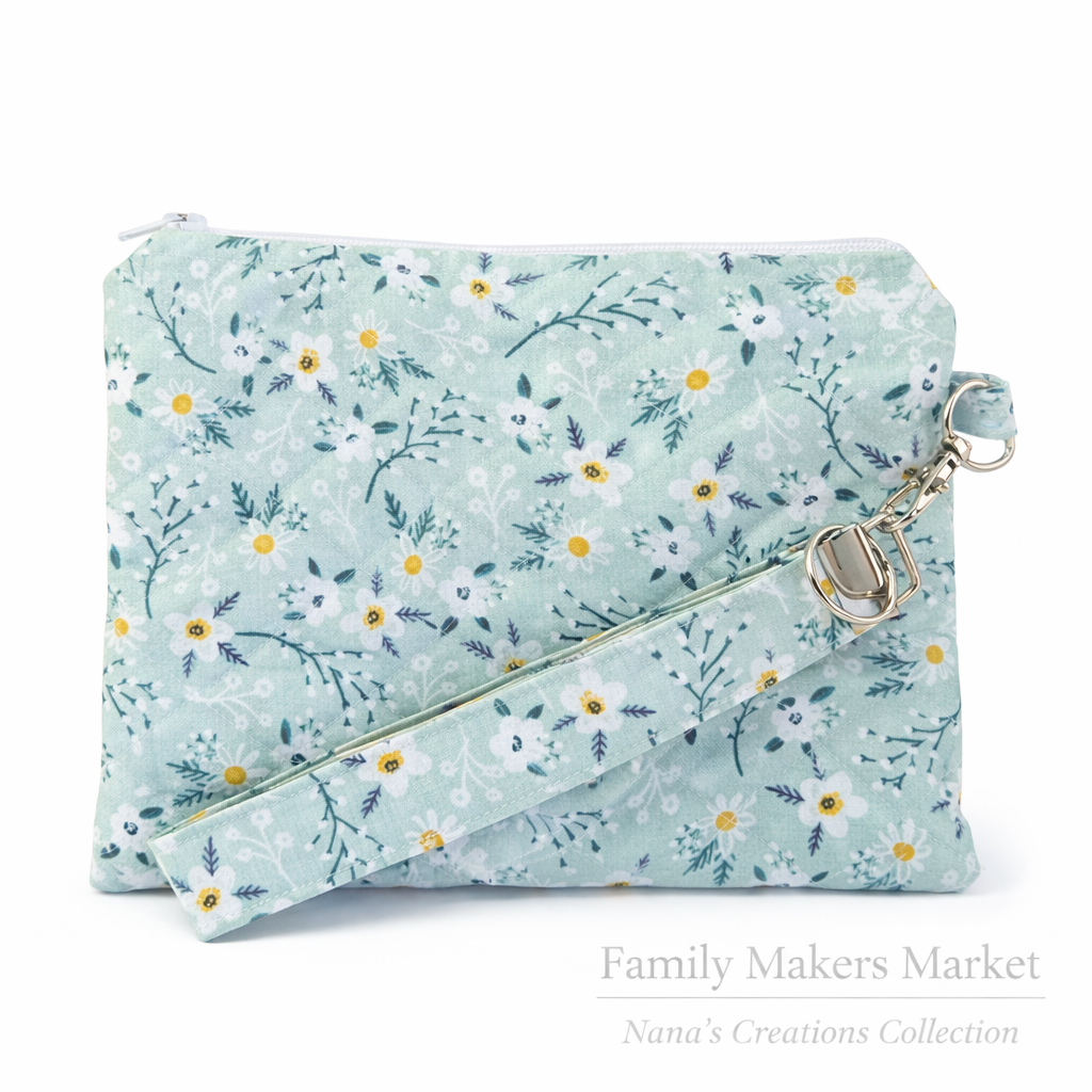 Mint Daisy Floral Quilted Wristlet