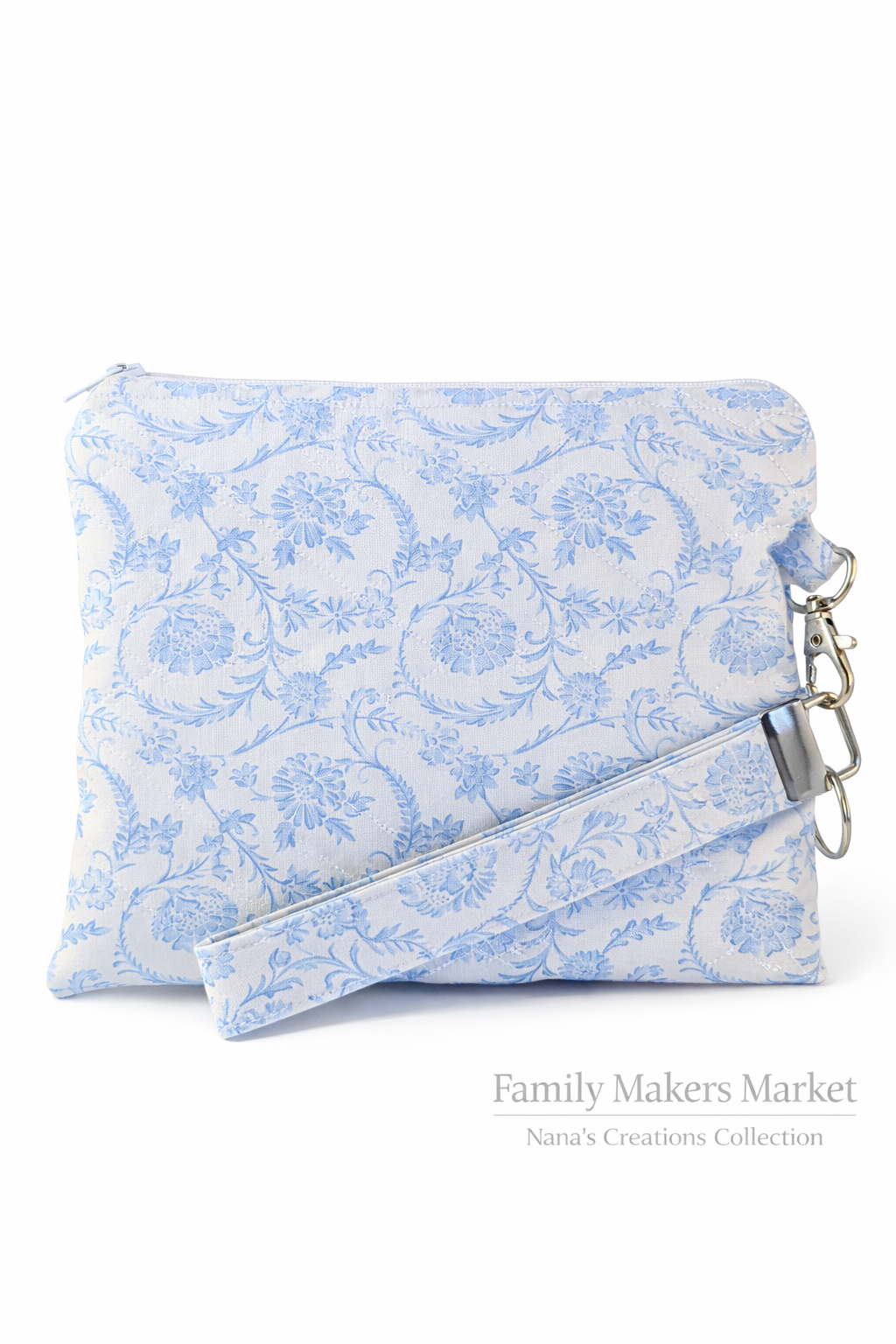Blue Floral Quilted Wristlet
