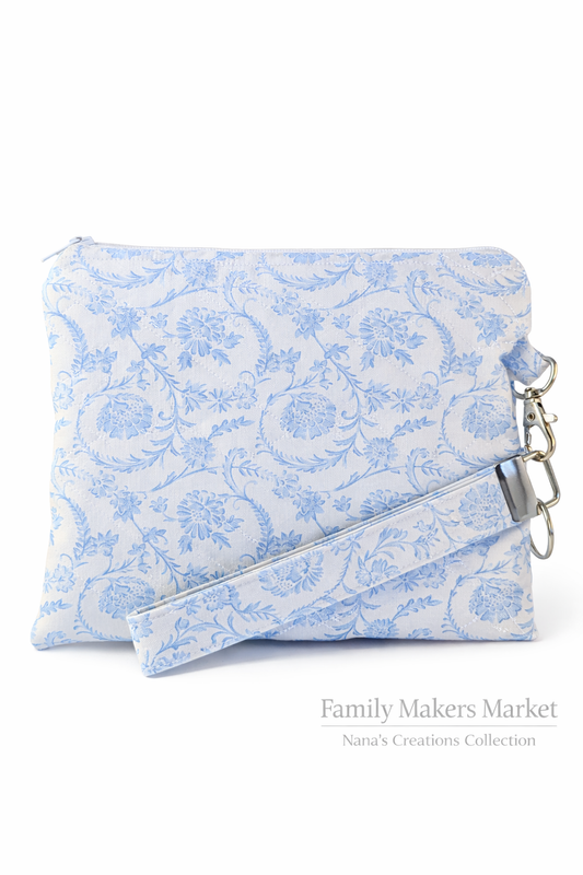Blue Floral Quilted Wristlet